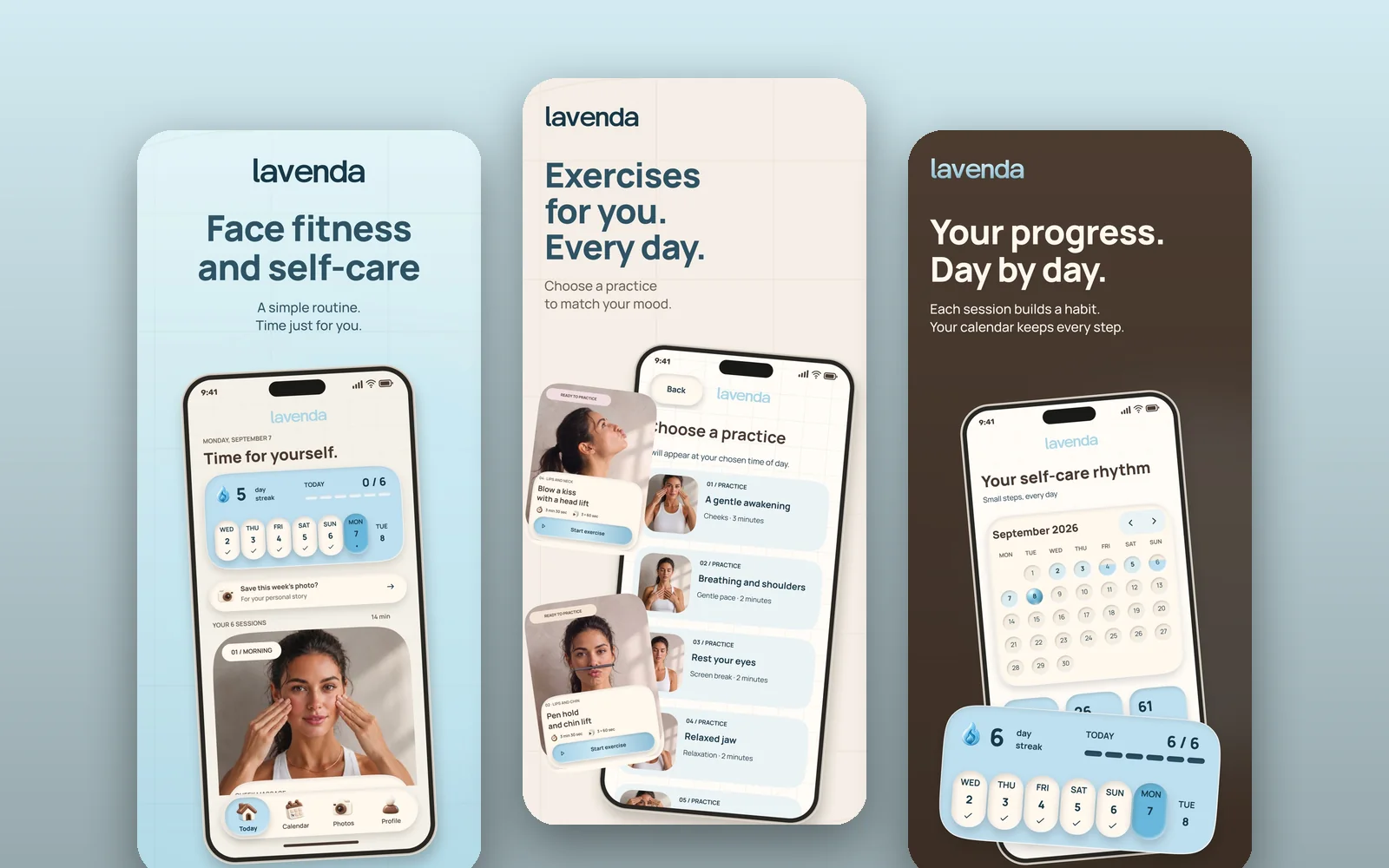Lavenda screens: guided face exercises and calendar