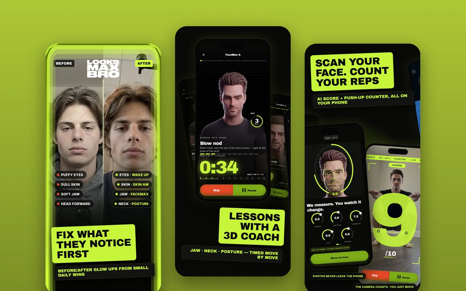 LooksMaxBro screens: face scan and daily plan