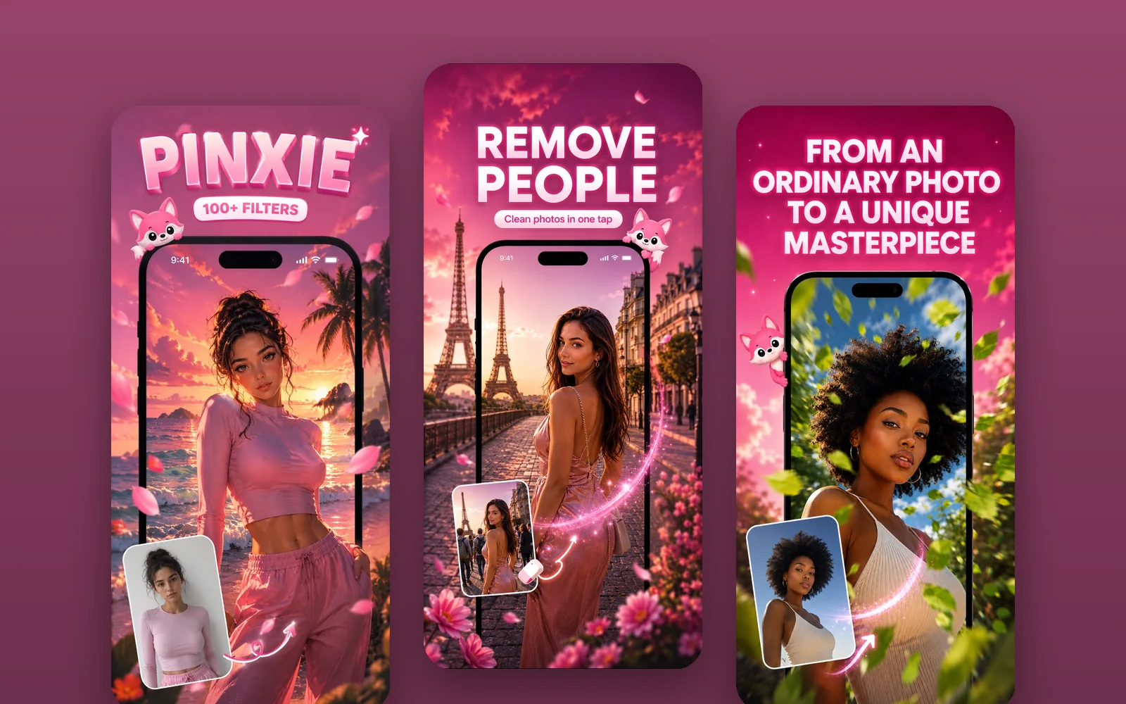 Pinxie screens: AI portrait styles and edits